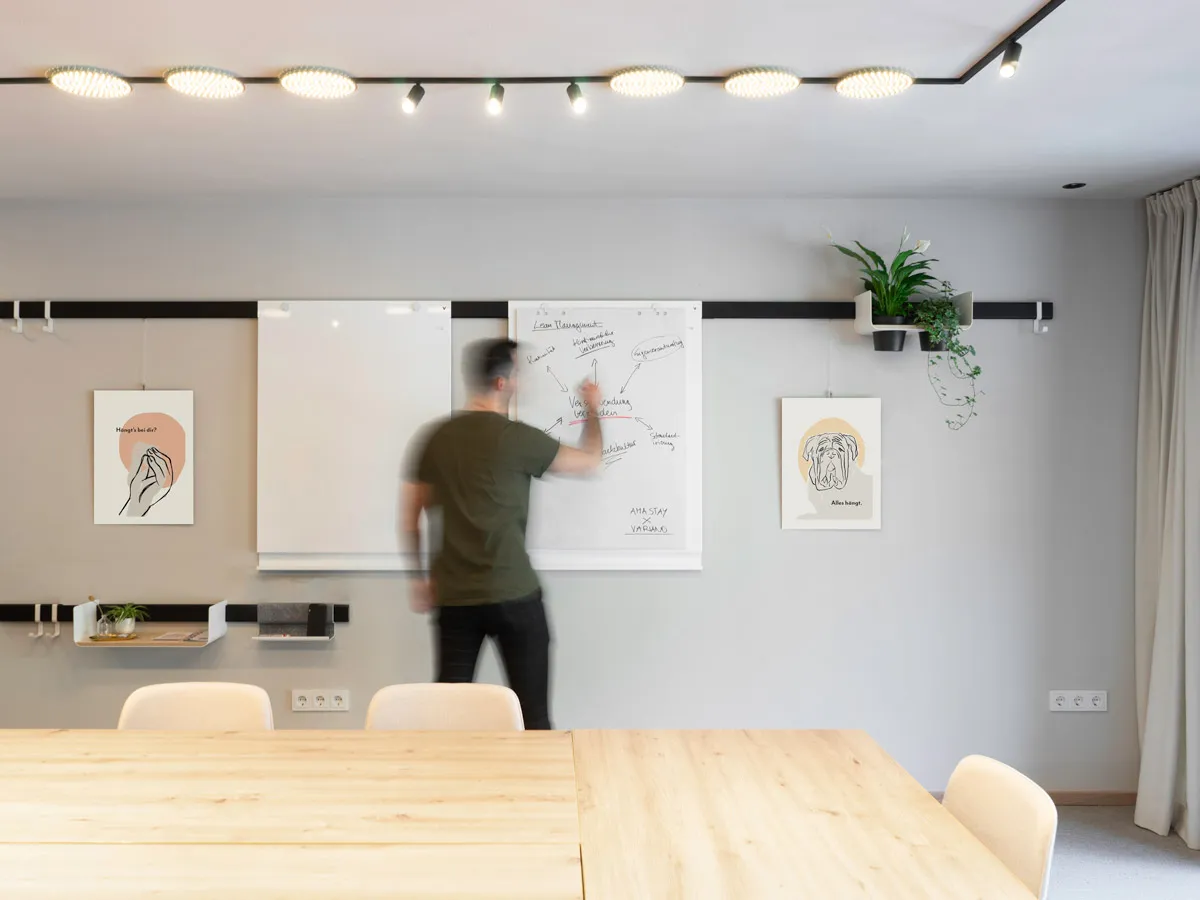 Arbeit am Flipchart, das an der Wandleiste hängt